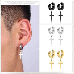 2Pcs Of Stainless Steel Cross Earrings Set, Men’s Women’s stud Earrings Small Huggie H close-up view