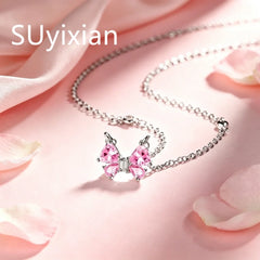 925 Sterling Silver Stylish Sweet Pink Bow Zircon Necklace Birthday Party Anniversary Gi detail view