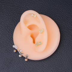 Stainless Steel Ear Studs - Micro Paved Zirconia Cartilage Earrings, Delicate Minimali close-up view