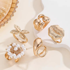 Fashionable Punk Style Exaggerated lip Butterfly Pearl Fish Tail Ring Gold Set, Suita alternate view
