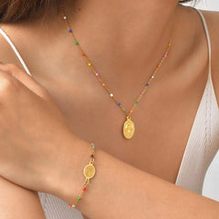 Bohemian Colored Virgin Oval Necklace | Gold Plated Stainless Steel Rosary Jewelry