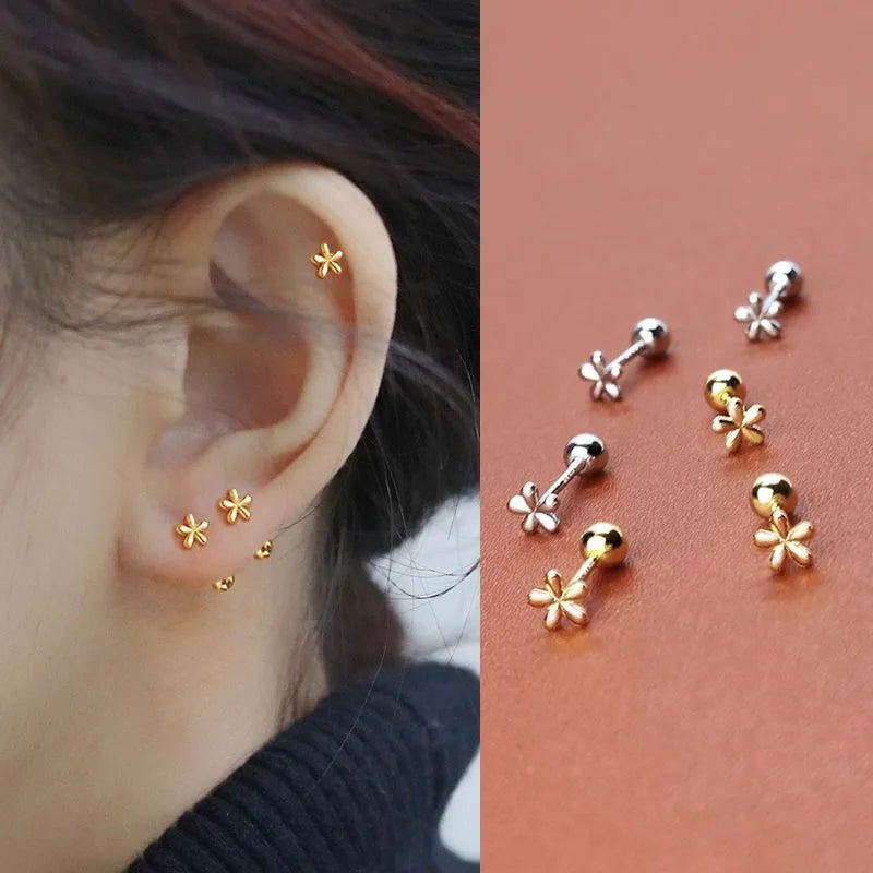 EVSIPOL Tiny Stainless Steel Screw Back Flower Stud Earrings for Women Girls Simple Cute Cartilage T