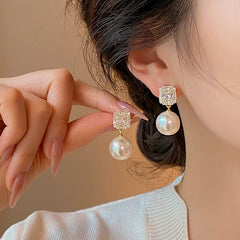 Gold Tone Pearl Drop Earrings | Shiny Crystal Pendant Jewelry alternate view