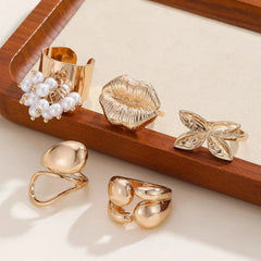 Fashionable Punk Style Exaggerated lip Butterfly Pearl Fish Tail Ring Gold Set, Suitable detail view