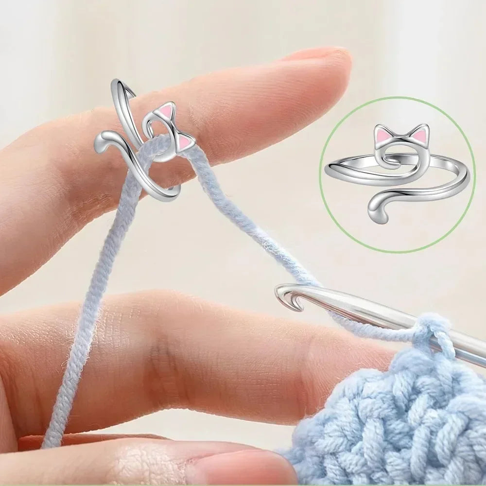 Adjustable Crochet Tension Cute Cat Ring, Beginner Knitting Crochet Hook Ring, Yarn Guide Finger Hol