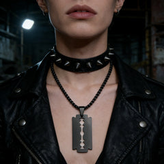 Gothic Blade Razor Pendant Necklace | Stainless Steel Black Goth Men's Chain close-up view
