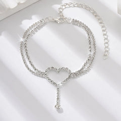 Shiny Bling Heart Drop Tassel Charm Double Layer Anklet Women Beach Foot Chain Vacati alternate view