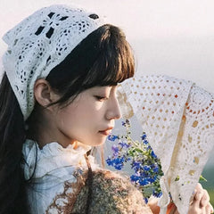 Lace Hollow Out Triangle Hair Scarf Headband Women Girls Cotton Knitted Flower Headbands detail view