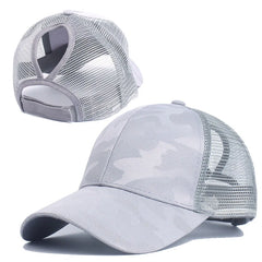 Camouflage Mesh Trucker Hat for Women | Snapback Cap with Ponytail Hole close-up view