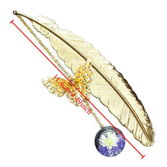 1Pcs Metal Feather Bookmark with Dried Flower Butterfly Boxed ,Teacher's Day Gift, Stu close-up view