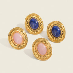 Vintage Oval Stud Earrings | 18K Gold Plated Stainless Steel Natural Stone Jewelry