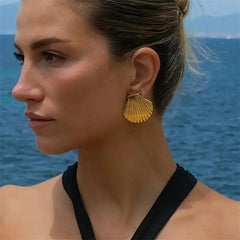 Vintage Gold Snail Shell Drop Earrings | CZ Zircon Beach Jewelry for Women alternate view