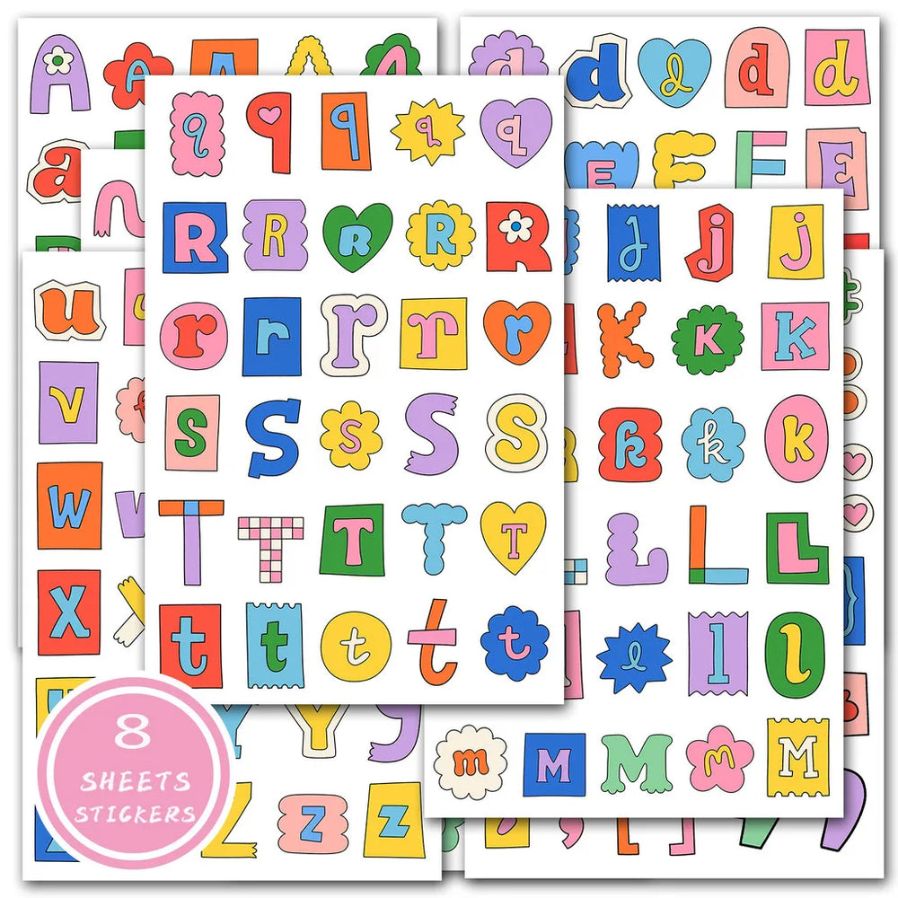 8Sheets Adorable Alphabet & Symbol Label Stickers – Cute Handwritten Style Decor for Student Journal