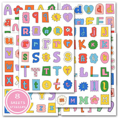 8Sheets Adorable Alphabet & Symbol Label Stickers – Cute Handwritten Style Decor for Student Journal