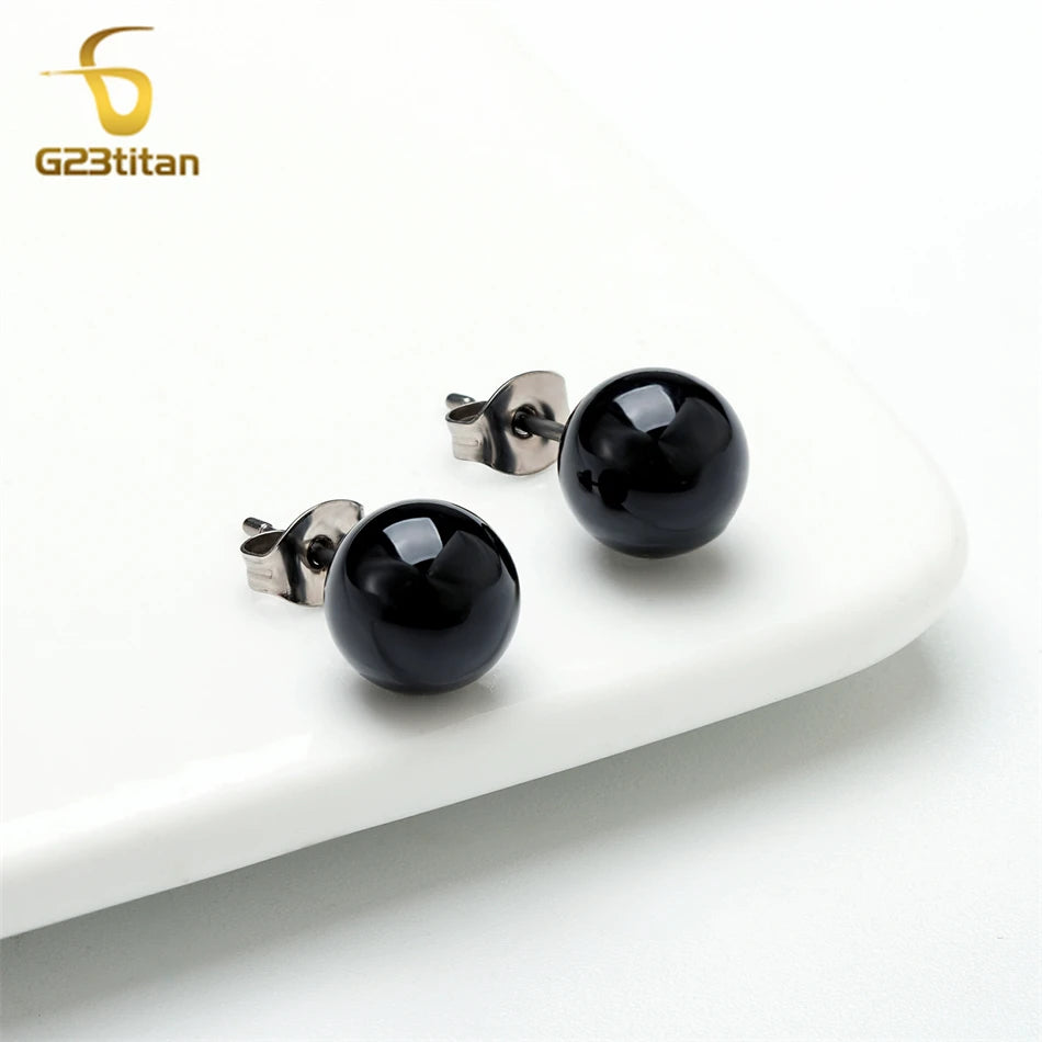 Black Agate Stone Stud Earrings for Women Mens Medical G23 Titanium Piercing Jewelry Simple Round On