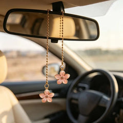 Pink Sakura Flower Rearview Mirror Pendant with Gold Chain