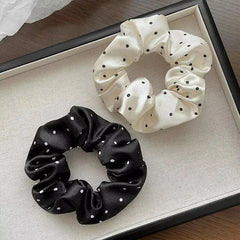 New Polka Dot White Scrunchies 12cm Large Hair Bands Female Elegant Black Hair Rope Ti close-up view