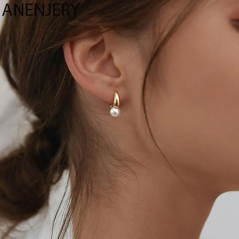 ANENJERY Imitation Pearl Hoop Earrings for Women Round Wedding Party Ear Jewelry Wholesale