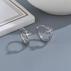 CIAXY Silver Color Cross Ear Hoop Earrings for Men and Women Couples Personality Zircon Ear Buckle Punk Jewelry