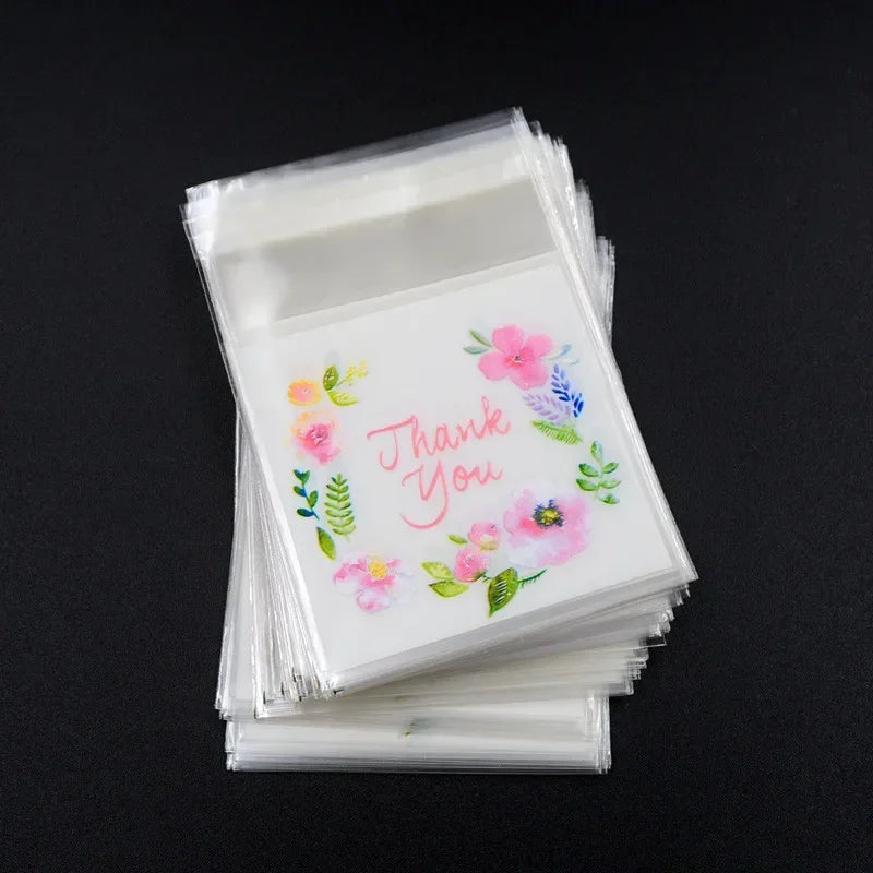 100pcs/lot Plastic Bags Thank you Flower Self-Adhesive Bags for Homemade Cookie Party Gifts Bag DIY