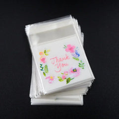 100pcs/lot Plastic Bags Thank you Flower Self-Adhesive Bags for Homemade Cookie Party Gifts Bag DIY