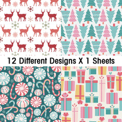 12pcs Retro Christmas Scrapbook Paper | Christmas Tree Design Single Sided DIY Craft alternate view