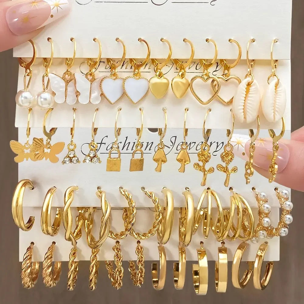 Heart Pearl Dangle Earrings Set Metal Gold Color Butterfly Locks Earrings for Women Shell Trendy Jew