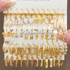Heart Pearl Dangle Earrings Set Metal Gold Color Butterfly Locks Earrings for Women Shell Trendy Jew