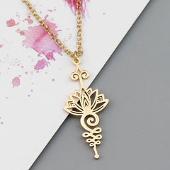 Stainless Steel Unalome Pendant Necklace | Yoga Jewelry with Lotus Flower close-up view