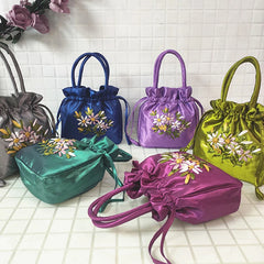 Small Embroidered Flower Bucket Bag | Women's Top Handle Drawstring Purse detail view