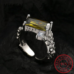 Emerald Cut Natural Green Peridot 925 Sterling Silver Irregular Texture Adjustable Rin close-up view