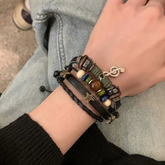 Handmade Hippie Design Brown Leather Bracelet Women Metal Star Note Charms Wood Button B detail view