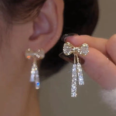 Gold Color Shiny Bow Stud Earrings For Women Fashion Exquisite Dainty Rhinestone Bow Dangle Earrings