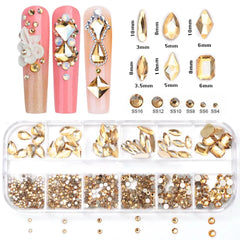 12 Grids Golden Shadow Flatback Rhinestones Glitter Nail Charms Crystal Diamond Nail Art Decoration