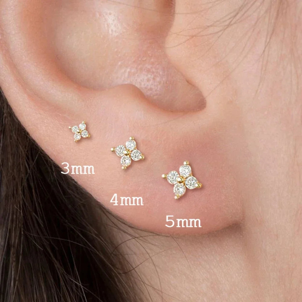 Dainty Flower Stainless Steel Stud Earrings for Women Piercing Cartilage Ear Ring Cute Zircon Gold C