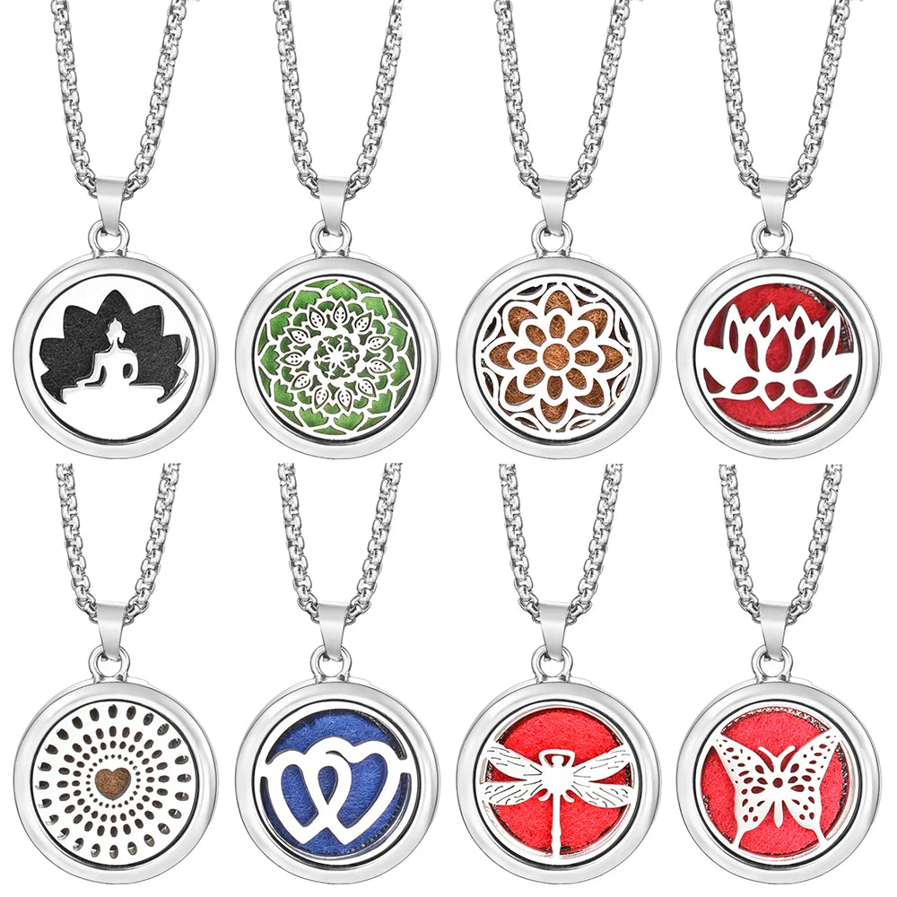 20mm Pattern Insert Perfume Pad Locket Necklace | Stainless Steel Aromatherapy Pendant