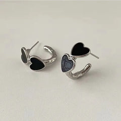Vintage Goth Black Enamel Heart Stud Earrings for Women Fashion Sweet Hollow Metal C-S close-up view