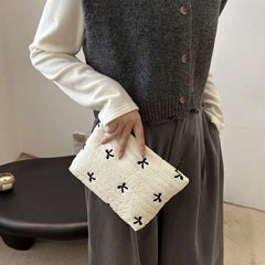 Cute Makeup Bag with Zipper Large Capacity Cosmetic Bag Embroidery Bow Wash Storage Bag detail view
