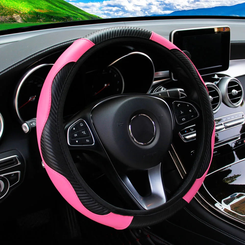 PU Carbon Fiber Leather Car Steering Wheel Cover | 14.5-15 Inch Grip Enhancer