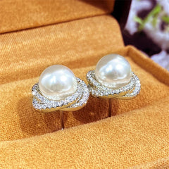Huitan Sparkling Cubic Zirconia Imitation Pearl Stud Earrings | Silver Tone Fashion Jewe detail view