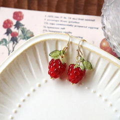 Raspberry Earrings | Cute Fruit Aesthetic Handmade Drop Earrings close-up view