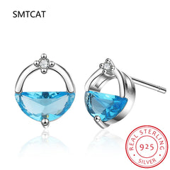 Half Round Natural Sky London Blue Topaz 925 Sterling Silver Spring Water Stud Earrings for Woman St