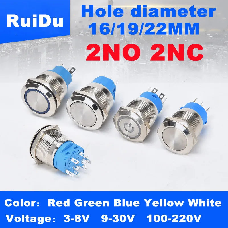 16/19/22mm Waterproof Metal Push Button Switch | 2NO2NC Self-Locking Automotive Engine Power Switch