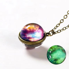 Universe Planet Earth Glass Luminous Double-Sided Retro Pendant Necklace For Women Men close-up view
