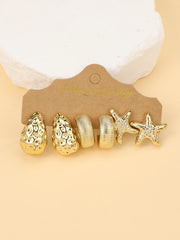 3PAIRS-6PAIRS/Set Fashionable &Golden Starfish, Seashell, Smooth Water Drop,Textured C-Shape Earrings Set,Travel & Vacation Wear