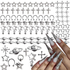 80PCS Star Nail Charms for Acrylic Nails,Silver Star Planet Cross Alloy Nail Art Decoration, Nail St