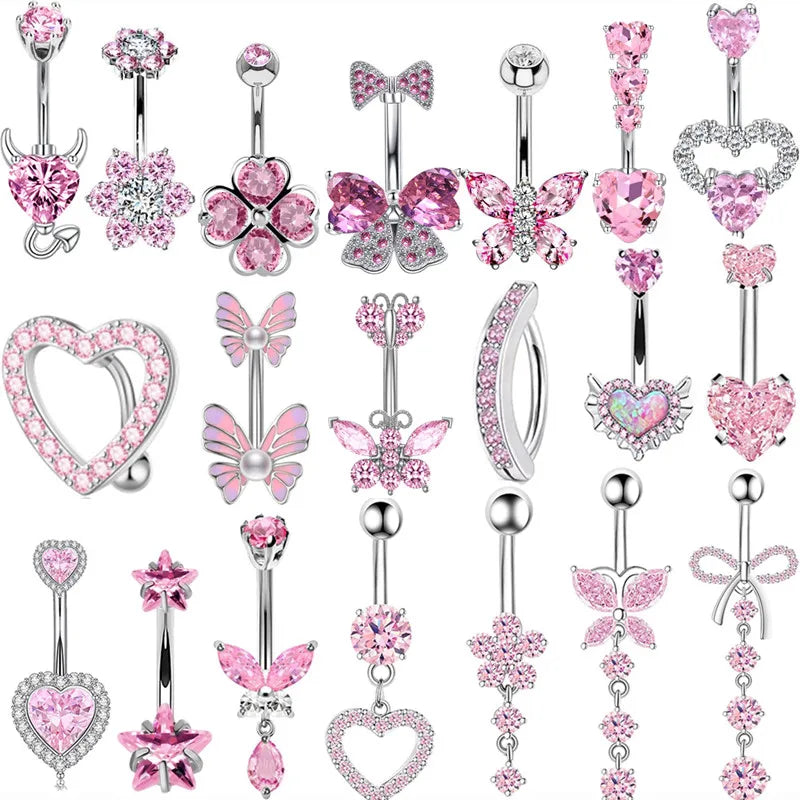 1PCS Pink Crown Belly Button Rings Jewelry Stainless Steel Heart Navel Piercing Barbell Crystal Cute