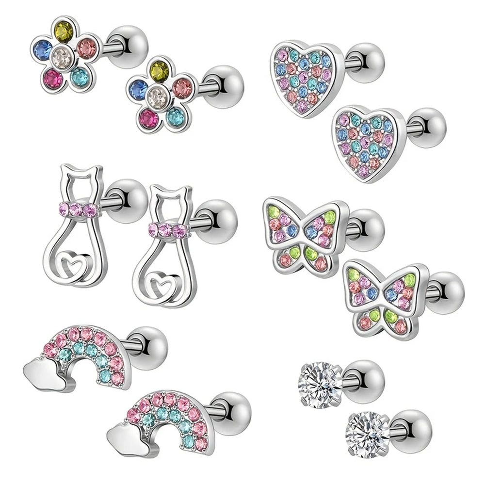 EVISPOL 2-12pcs 316L Stainless Steel Screw Back Stud Earrings Butterfly Heart Flower Cartilage Dath