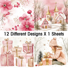 Pink Christmas Scrapbook Paper Pad | 12 Sheets Decorative Craft Papers detail view