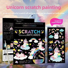 9Pcs/set Magic Rainbow Color Scratch Art Painting Paper Card Kit Cartoon Animal Drawin close-up view